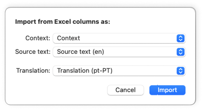 Poedit import column-mapping window for an Excel file