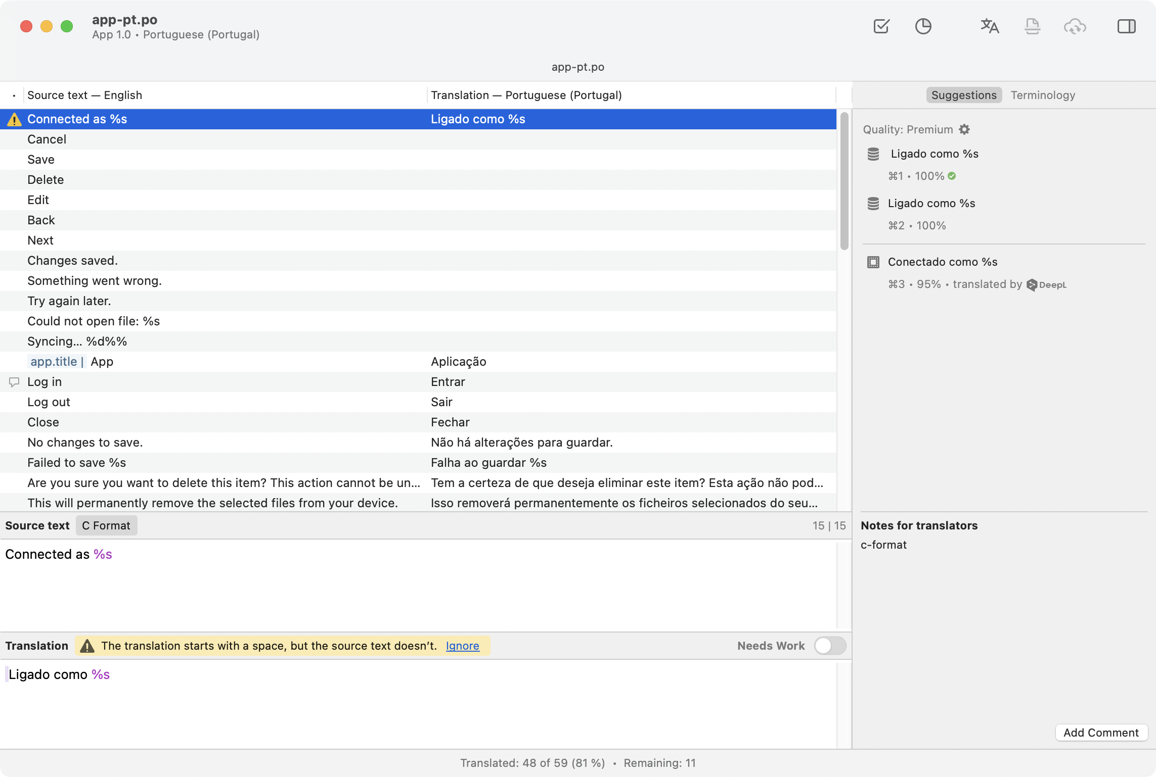 Poedit main window showing the string list, editing area, and sidebar