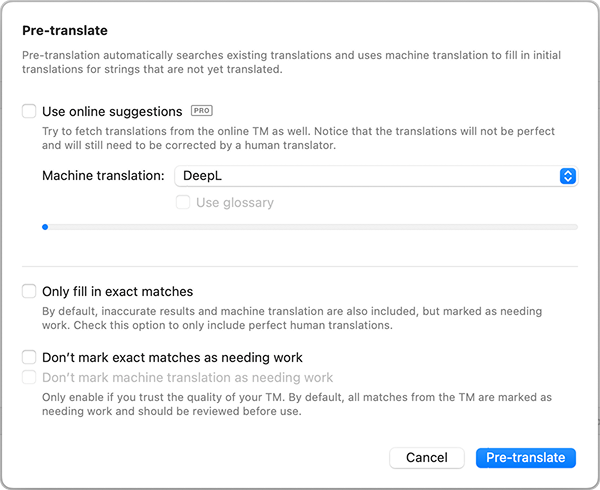 Poedit Pre-translate window with source options