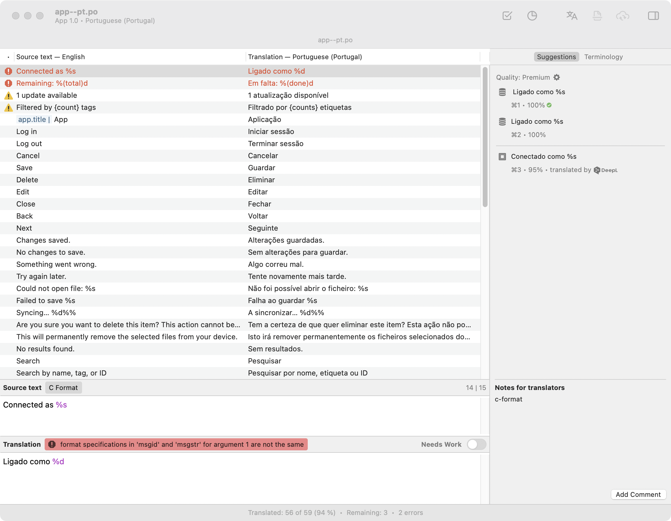 Poedit validation screen showing issues with translations