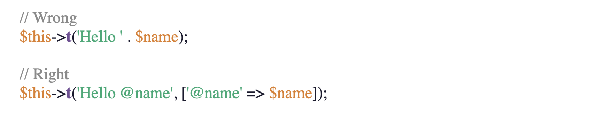 Drupal t() function using a placeholder for a variable