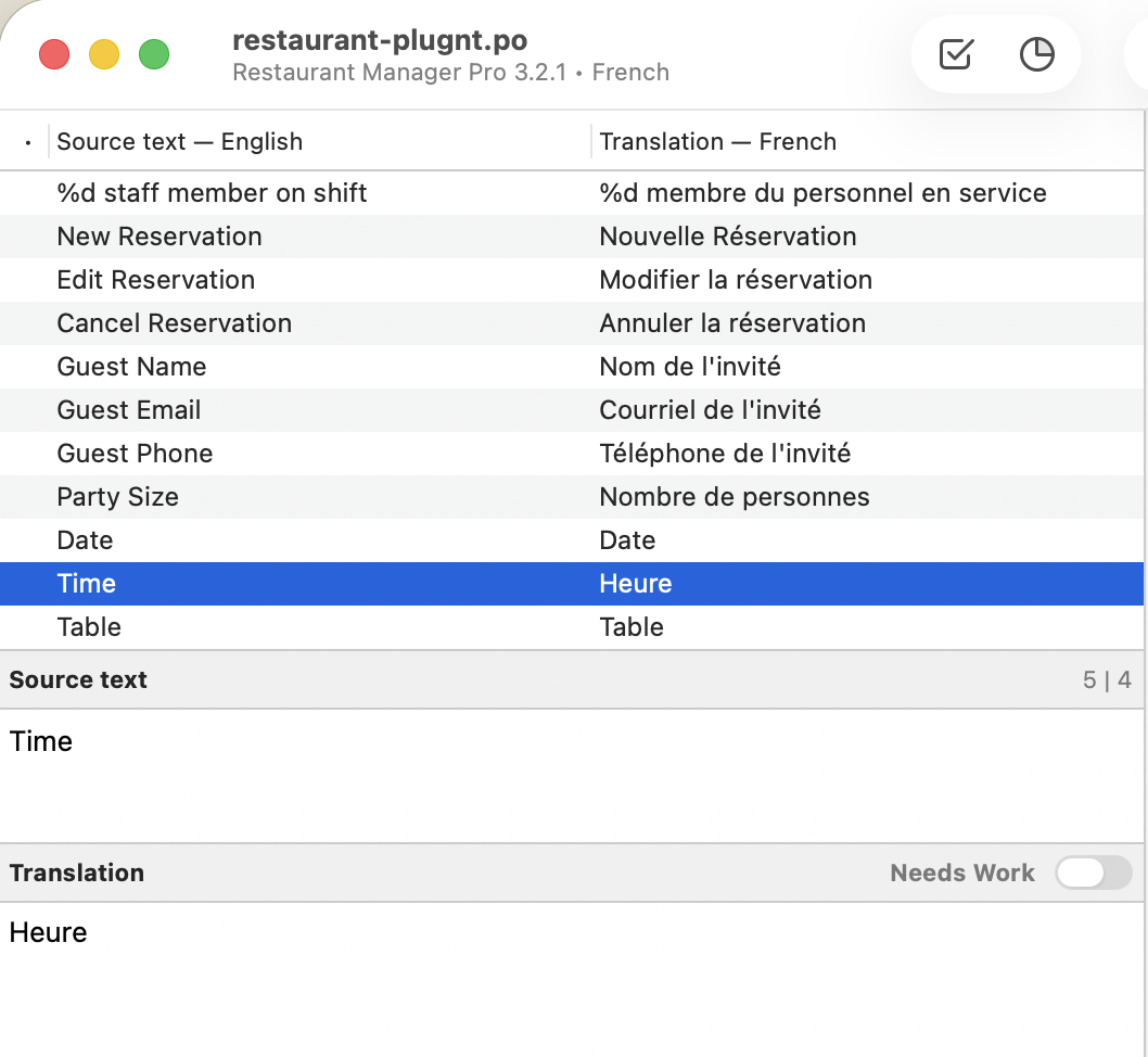 Poedit editor showing English source strings and French translations