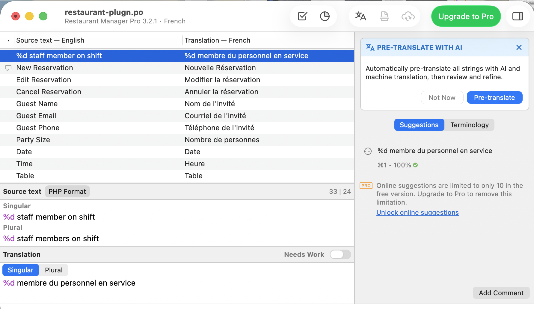 Poedit highlighting a %d placeholder in the source and translation