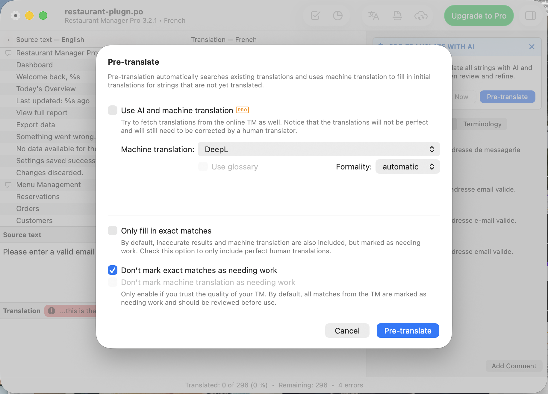 Poedit Pre-translate dialog with translation memory and machine translation options