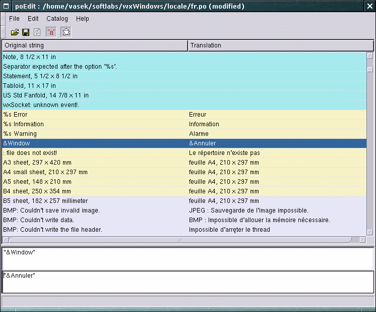 Original Poedit 1.0 main window from 2000 with basic translation interface