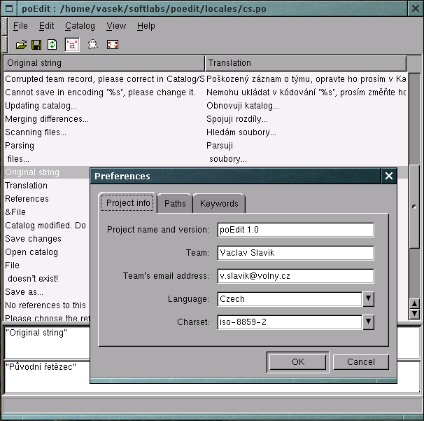 Poedit 1.0 catalog properties dialog showing file settings