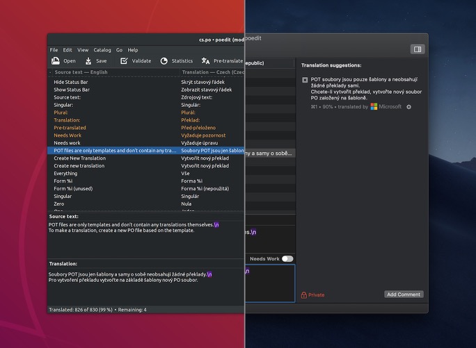 Poedit translation editor in dark mode on macOS Mojave