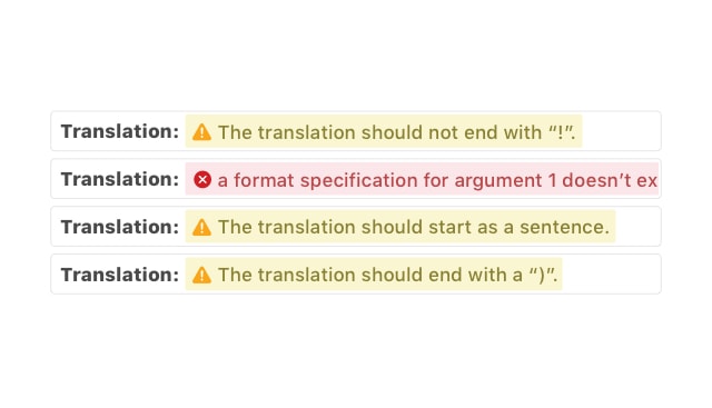 Quality assurance warnings in Poedit highlighting translation issues
