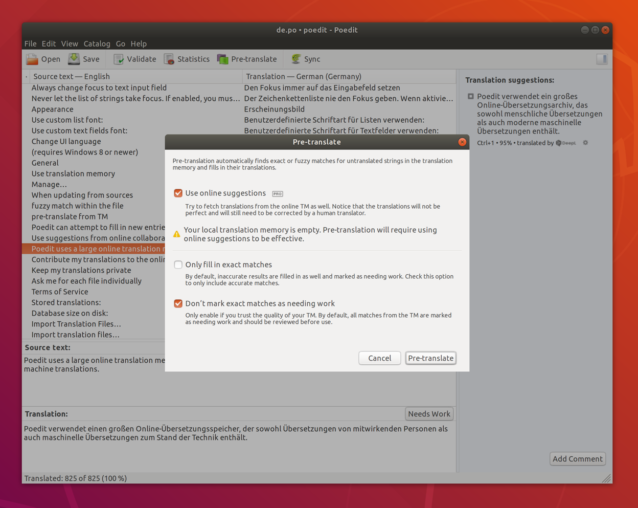 Poedit main window on Linux showing translation editor interface