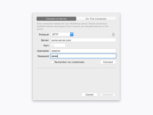 FTP connection settings dialog for WordPress remote translation