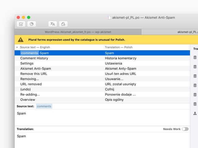 Poedit showing source code references and contextual information for translations