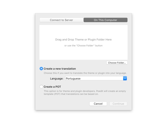Local WordPress theme or plugin folder selection interface in Poedit