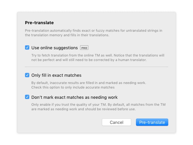 Pre-translation dialog in Poedit with machine translation options and progress