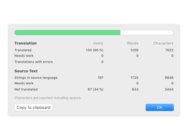 Detailed translation statistics window showing word count, characters, and progress information