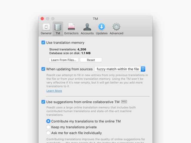 Translation memory settings in Poedit showing local TM database options